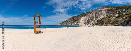 Panoramic view of beautiful beach at Myrtos Bay on the Ionian island of Kefalonia. Greece