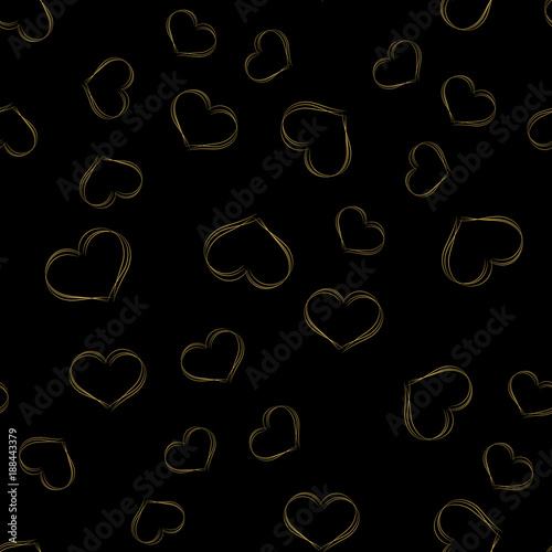 Seamless pattern with gold sparkle hearts on black background. Vector