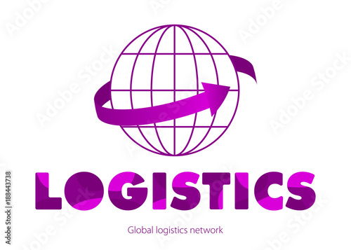 Global logistics network concept in violet. Colorful rounded Letters. The violet arrow goes around the globe. Flat design. Vector illustration EPS10. 
