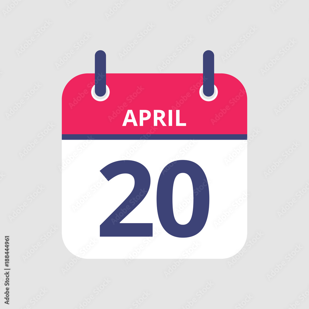Flat icon calendar 20th of April isolated on gray background. Vector illustration. Flat icon calendar 20th of April isolated on gray background. Vector illustration.