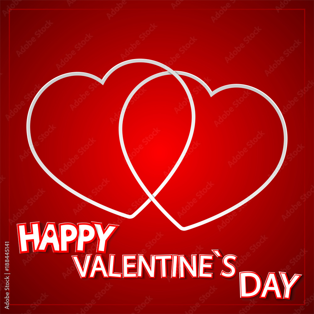 eps10 vector happy Valentine's Day illustration. Two white crossed hearts isolated on red background. Thin line binded hearts with holiday text. Graphic design element. Template for web, print, design