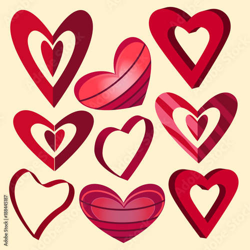 Vector bright, colorful set of hearts on Valentine's Day for design of postcards, web site.