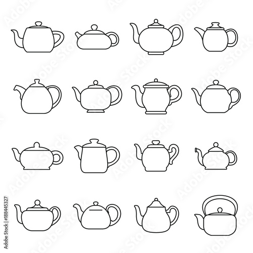 Kettle teapot icons set. Outline illustration of 16 kettle teapot alcohol logo vector icons for web