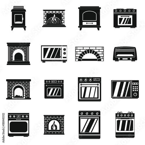 Oven stove furnace fireplace icons set. Simple illustration of 16 oven stove furnace fireplace vector icons for web