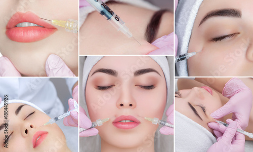 Collage Rejuvenating facial injections procedure for tightening and smoothing wrinkles on the face skin of a beautiful, young woman in a beauty salon.Cosmetology skin care.
