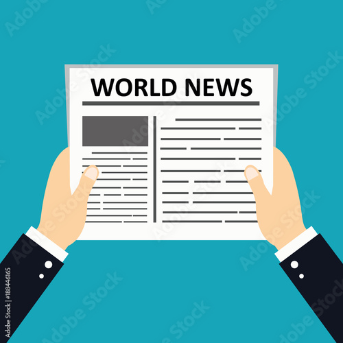 Hands holding newspaper. Daily business news gazette concept. Paper media tabloid concept. Flat cartoon style. Vector illustration.