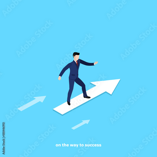 a man in a business suit flies on the arrow to success, an isometric image