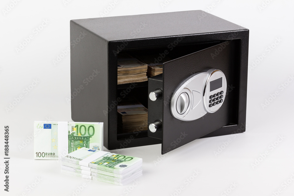 Obraz premium Safe Deposit Box, Pile of Cash Money, Euros.