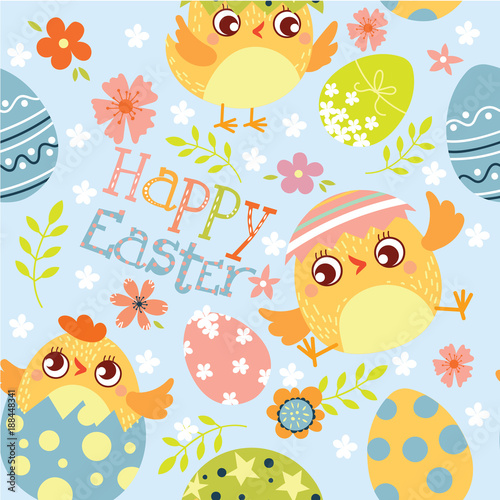 Happy Easter.  Seamless pattern of Happy Easter. Сhicken and eggs. Vector illustration