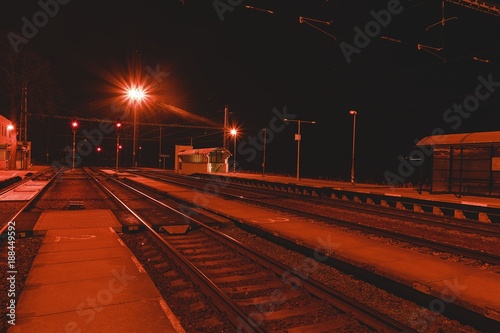 Railway station at the night. European railway station.