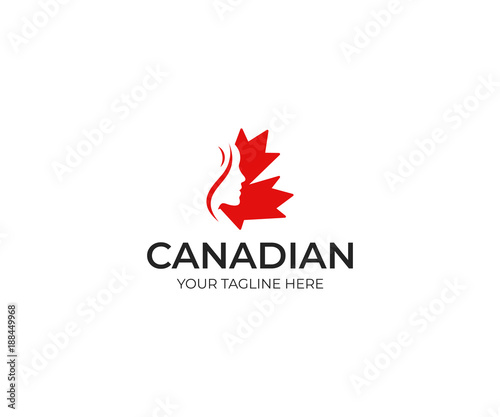 Woman and canadian maple leaf logo template. Beautiful woman's face silhouette in canadian leaf vector design. Girl face and leaves illustration