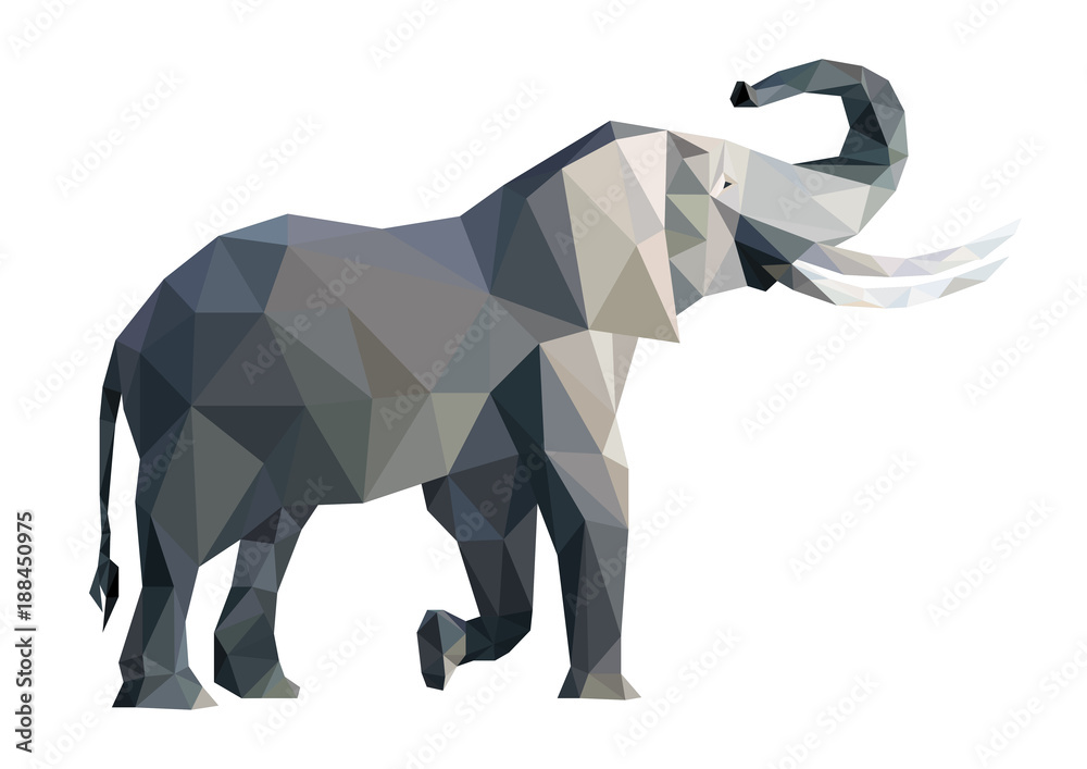 Obraz premium Vector big grey elephant from triangles isolated on white background, side view, eps.