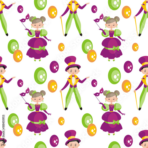 Mardi Gras seamless pattern with the image of the people in carnival costumes. Vector background.