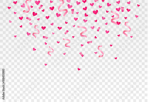 Falling hearts and confetti on transparent background. Vector illustration eps10