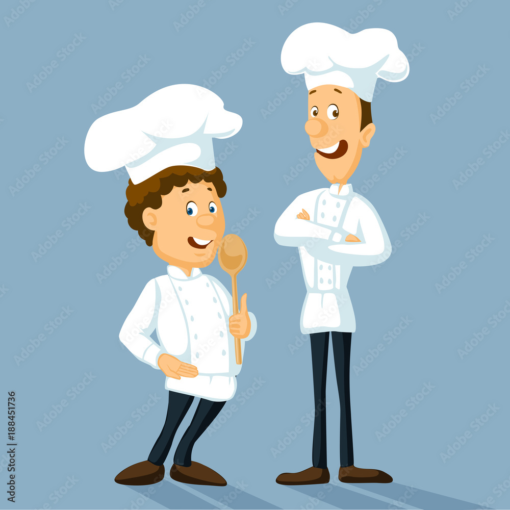Chefs in uniform standing and smiling. - Professional master hold wooden spoon vector illustration - flat design Chefs in uniform standing and smiling. - Professional master hold wooden spoon vector illustration - flat design