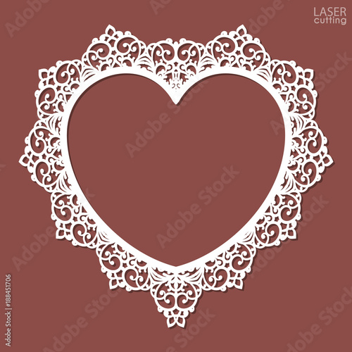 Laser cut heart-shaped frame. Photo frame template with an openwork floral pattern. Vector mockup for laser cutting.