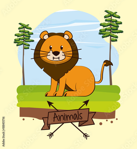 Lion in forest cute cartoon icon vector illustration graphic design