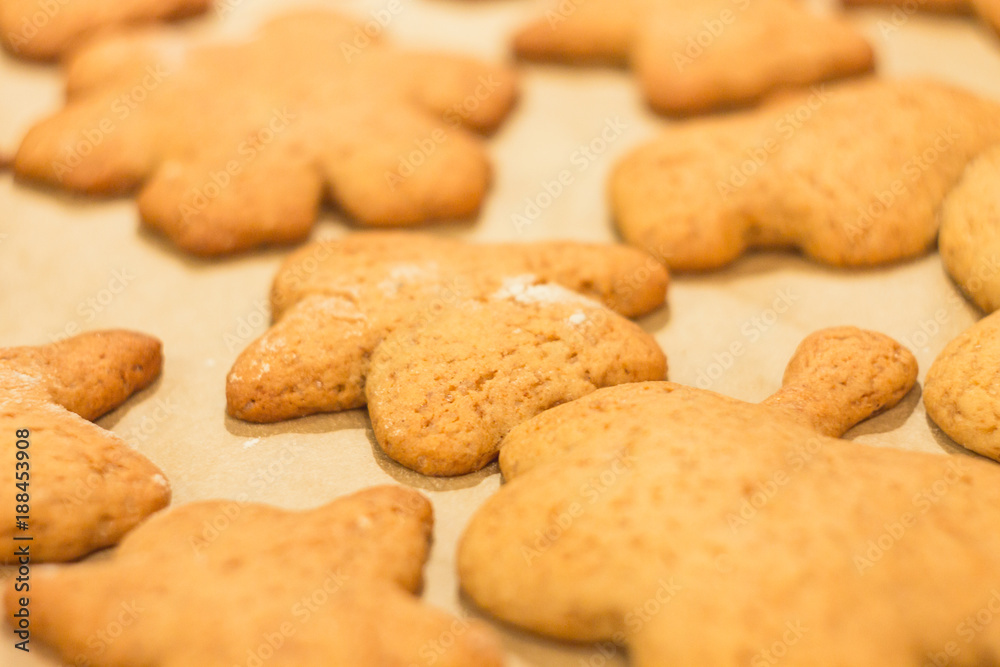 Ginger biscuits lie on a baking sheet. Cookies on baking paper. Selective focus. Ginger biscuits lie on a baking sheet. Cookies on baking paper. Selective focus.