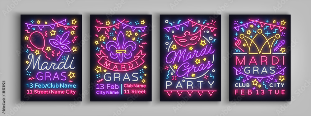 Plakat Mardi game set design templates invitation. Collection of posters in neon style neon sign bright brochure glowing banner, flyer, postcard invitations to Fat Tuesday. Carnival. Vector illustration