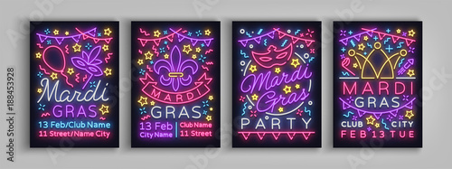 Mardi game set design templates invitation. Collection of posters in neon style neon sign bright brochure glowing banner, flyer, postcard invitations to Fat Tuesday. Carnival. Vector illustration