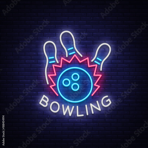 Bowling logo vector. Neon sign, symbol, bright banner advertising bright night bowling, luminous neon billboard. Design a template for the Bowling Club logo. Vector illustration