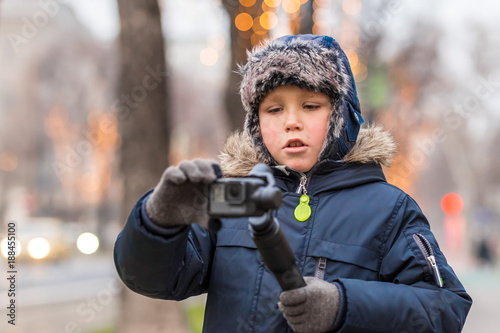 Boy with action camera in winter Vienna, Austria
 photo