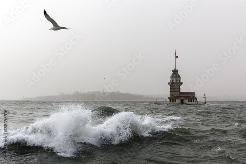 Maiden Tower (Tower of Leandros, Turkish: Kiz Kulesi) tranquil scenery at the entrance to Bosporus Strait in Istanbul, Turkey (KIZ KULESI – SALACAK-USKUDAR)