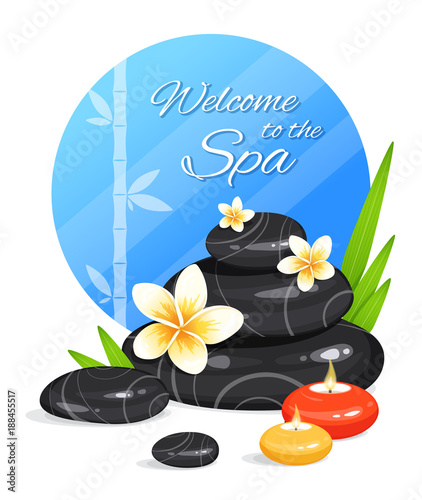 Spa still life with stack of stones, burning aroma candles, bamboo leafs and frangipani flowers. Zen Garden. Harmony and balance. Vector illustration