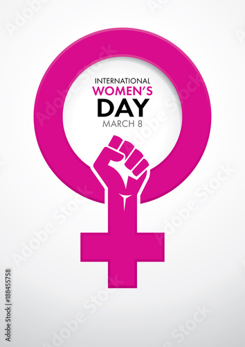 Title International Women's Day inside the symbol of woman in pink with a closed fist inside the symbol on white background