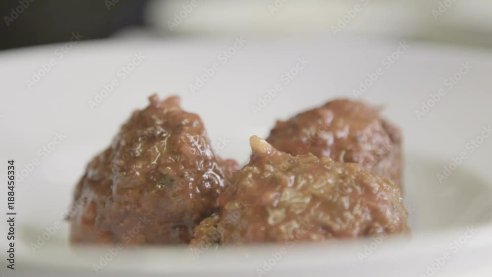 Gourmet meatballs in plate, close up Gourmet meatballs in plate, close up
