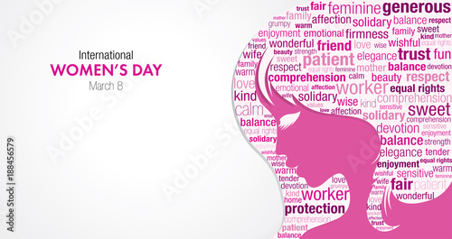 International Women's Day title with a silhouette of a woman's face and a cloud of words inside the silhouette in pink and violet colors on a white background