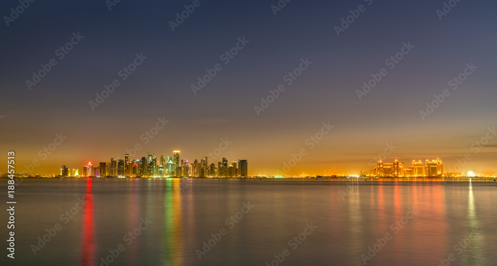 Skyline of Doha at night. The capital of Qatar