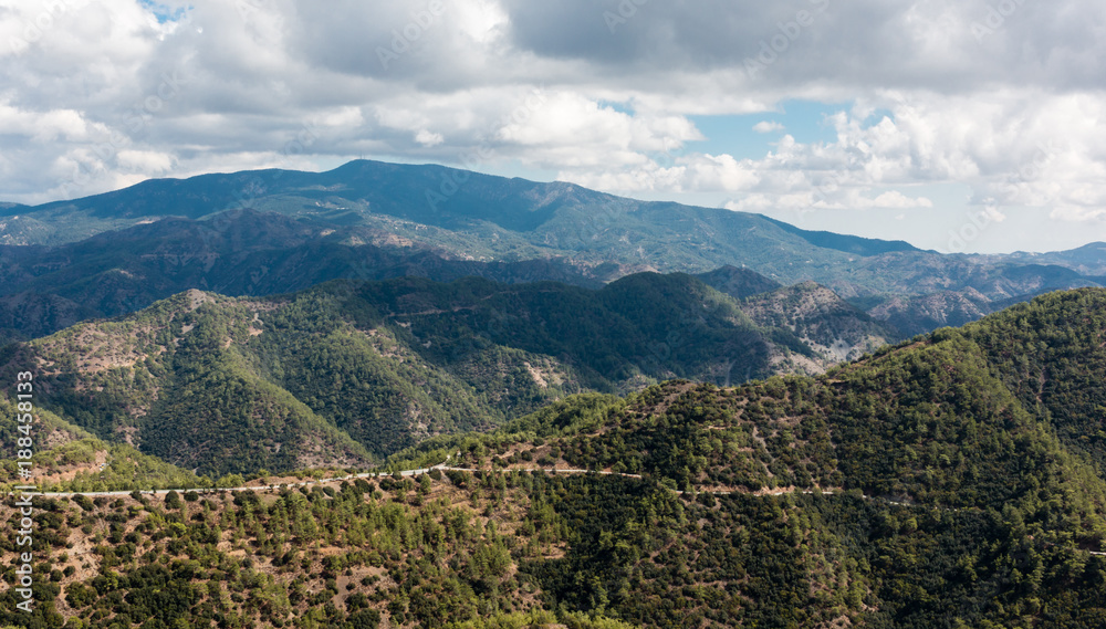 Mountain landscape with road on the hillside of Troodos mountains, Cyprus.
