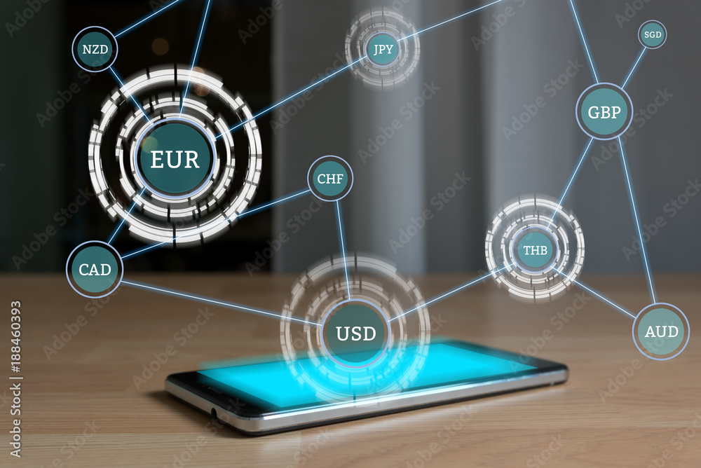 smartphone on the table with currency connection show on virtual screen smartphone on the table with currency connection show on virtual screen