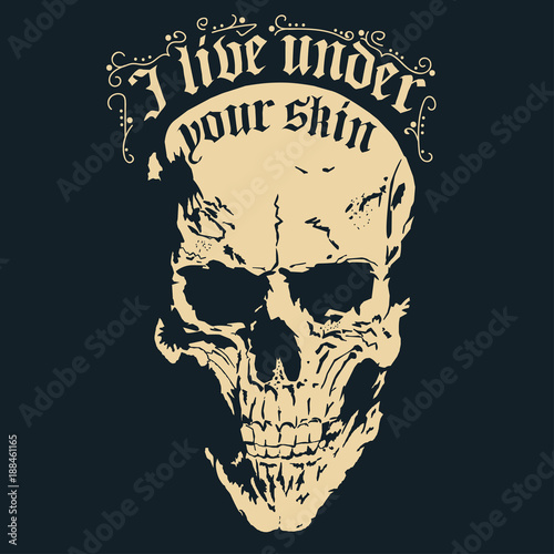 Skull with a lower jaw print, Hand drawn Detailed sketchy t-shirt design. Vector