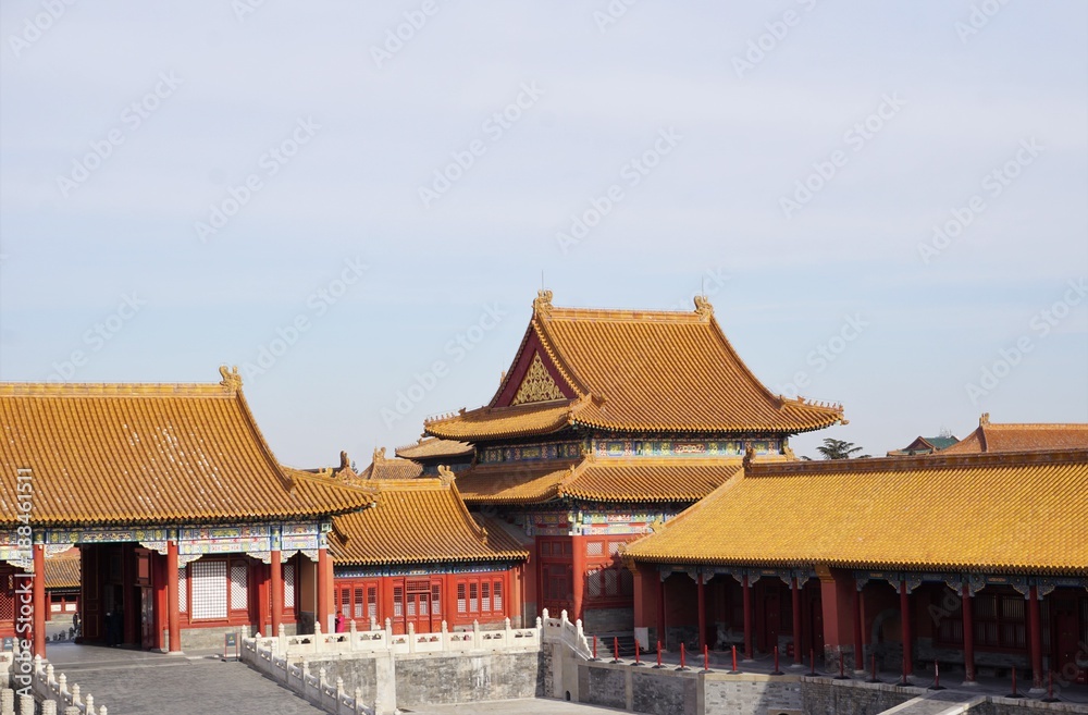 Yellow roof tops in forbidden city in Beijing China