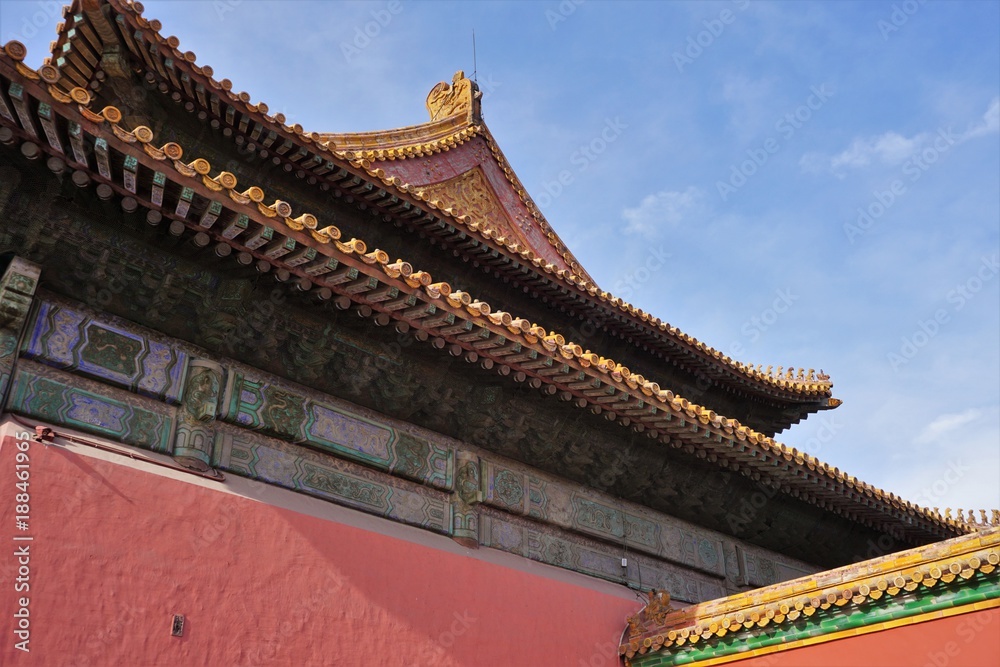 Fototapeta premium Red temple and yellow roof tops in forbidden city in Beijing China