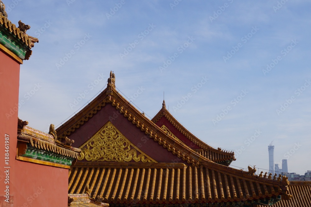 Skyline of yellow roofs in forbidden city in Beijing China