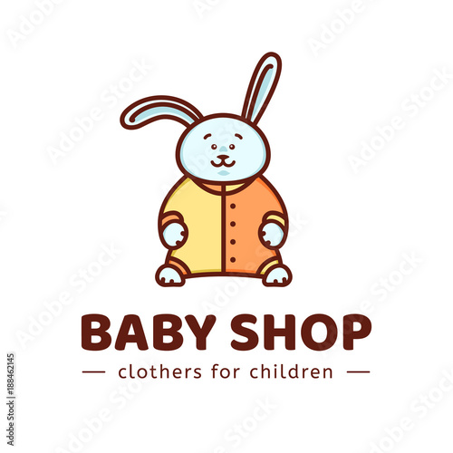 Logo baby shop. Vector template of the brand for the designer. The element of the corporate style for Studio sewing and tailoring. Bunny in overalls. Illustration in cartoon style
