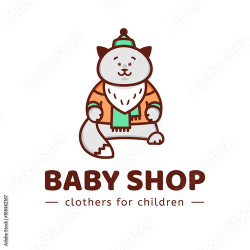 Logo baby shop. Vector template of the brand for the designer. The element of the corporate style for Studio sewing and tailoring. Kitten in the orange jacket and green hat.