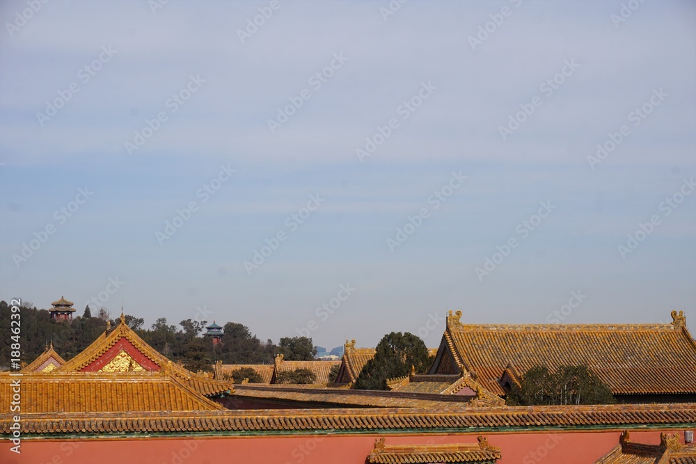 Skyline of yellow roofs in forbidden city in Beijing China