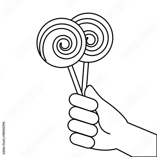 hand holding lollipop sweet candy vector illustration outline design