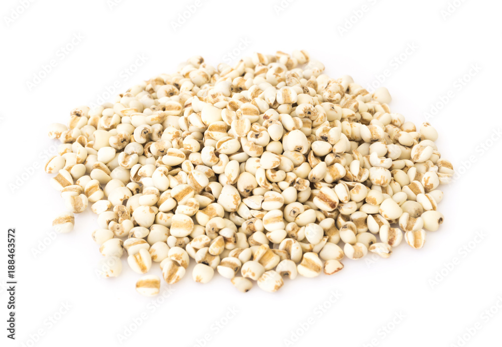 Job's tears on white background, healthy food concept Job's tears on white background, healthy food concept