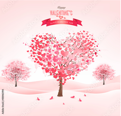 Valentine's day landscape with heart shaped trees. Vector.