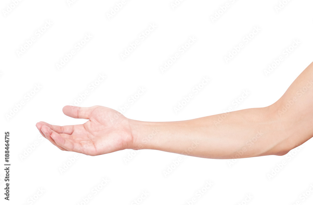 Man hands holding something on white background for product advertising concept