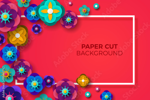 Greeting Card with Square Frame, Paper cut Origami Sakura Flowers and Circle on Light Background. Vector illustration.