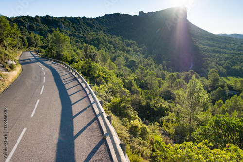 Sunny day view of asphalt road surrounded by lush green forrest in the Cevennes region in France