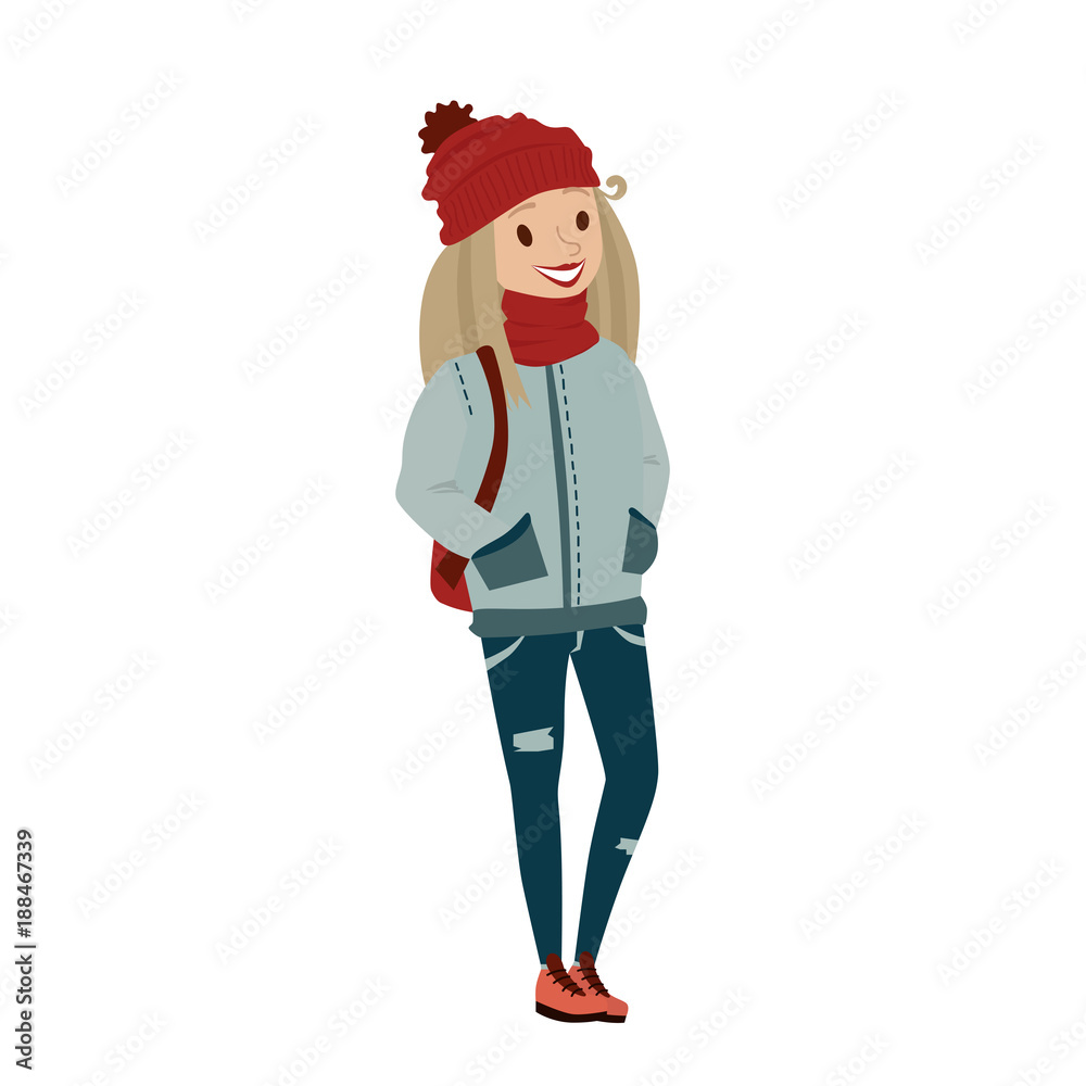 colorful school girl wearing winter clothes. coat, hat, scarf, book pack, jeans and boots. isolated vector people illustration. teenager smiling.