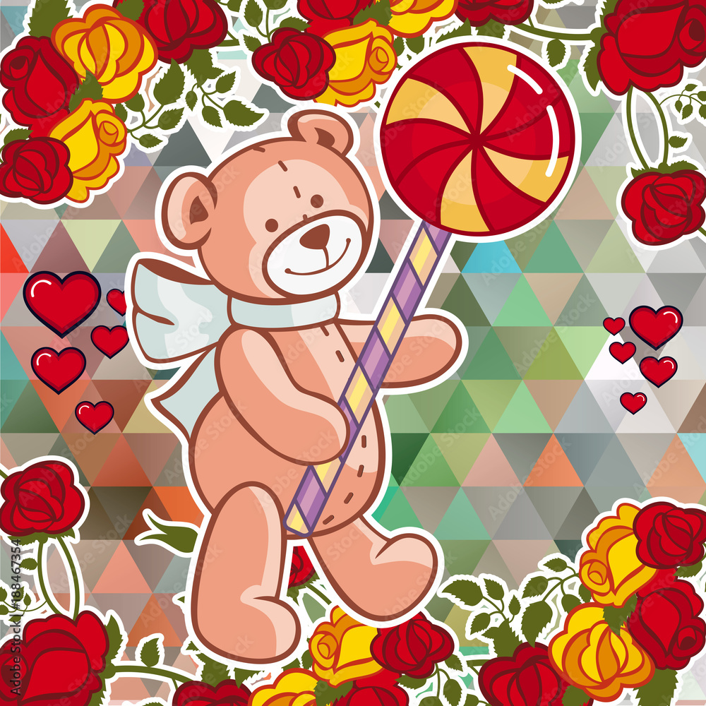 Fototapeta premium Cute teddy bear on a mosaic background with roses.