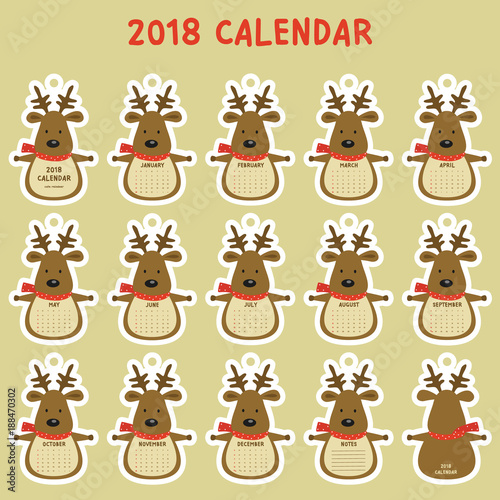 cute reindeer 2018 mini calendar. printable 2018 calendar, cartoon vector. 2018 calendar template